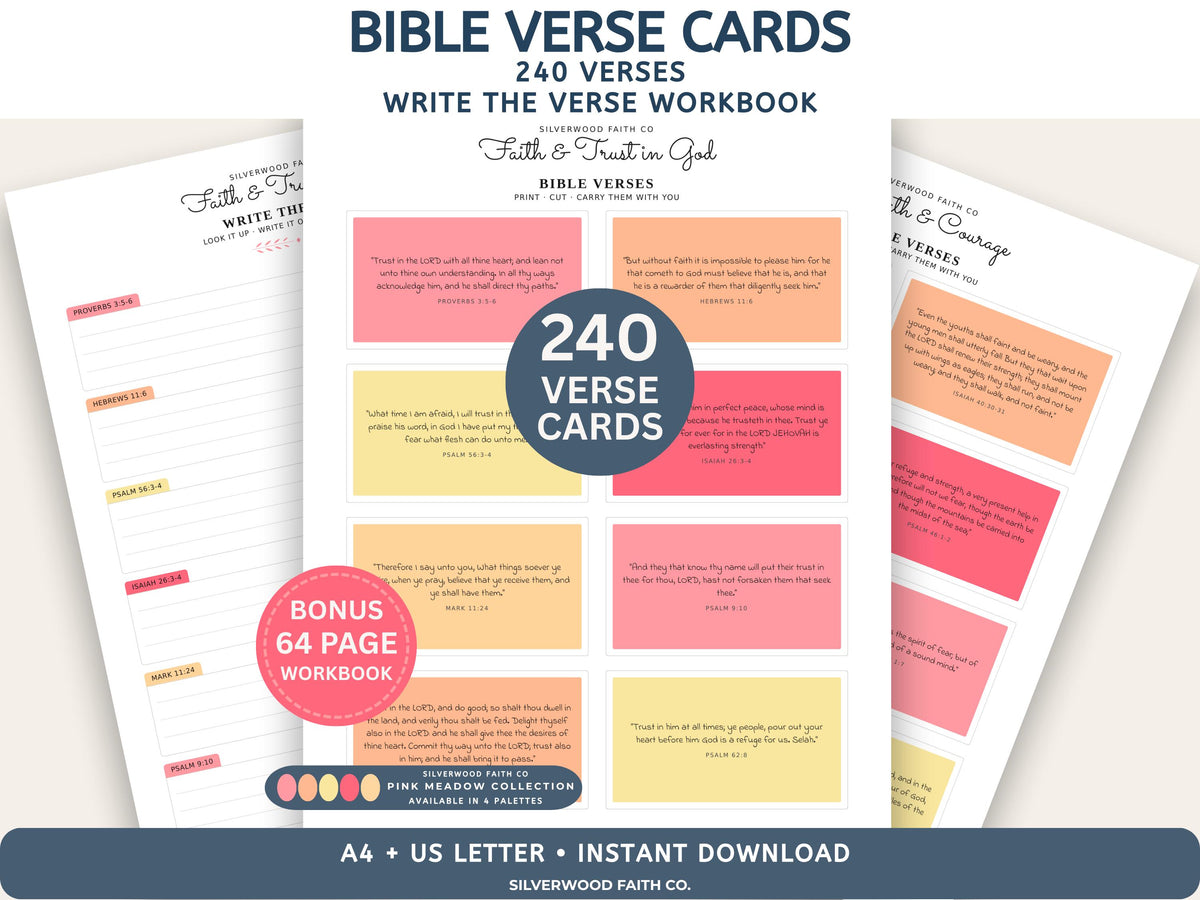 240 Bible Verse Cards, Printable Scripture Cards, Bible Study Memory Verse Cards, Prayer Cards, PINK MEADOW (Digital Download) 587