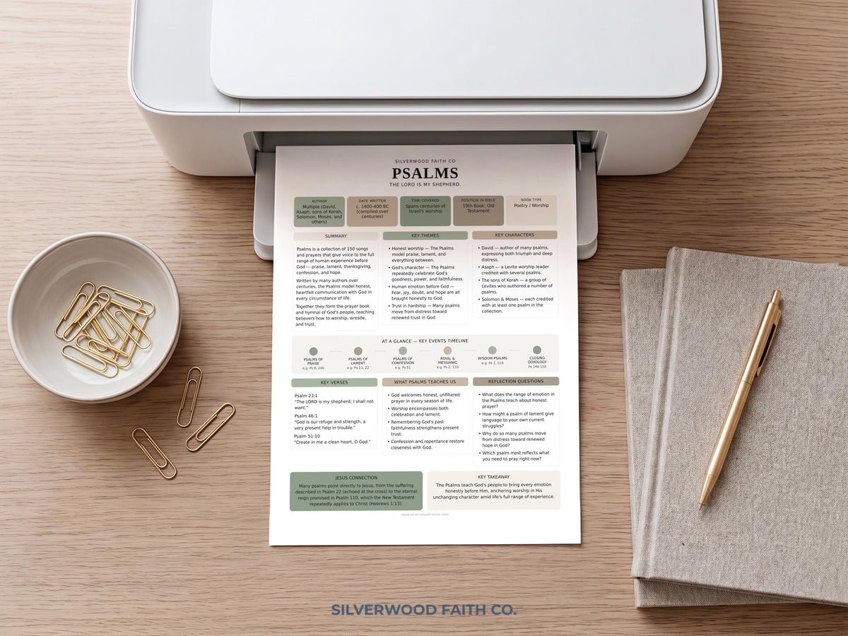 Psalms Bible study guide printable art for scripture journaling — sage green and cream organized reference sheet