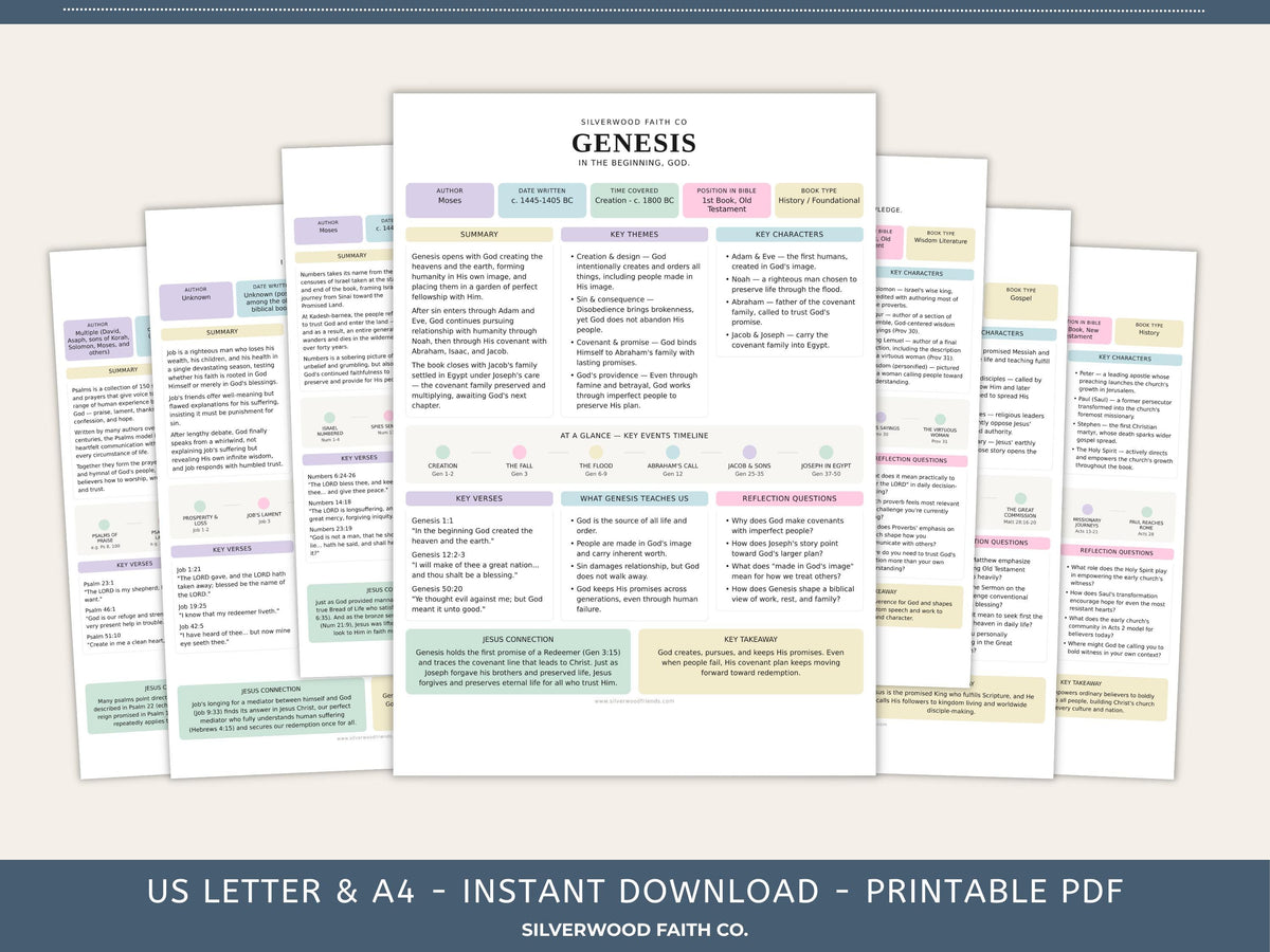 Bible Study Guide, Summaries for All 66 Books of the Bible, Bible Book Summaries, Printable PDF, PASTEL (Digital Download) 499