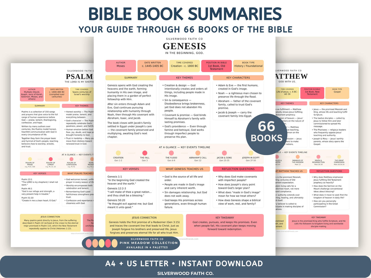 Bible Study Guide, Summaries for All 66 Books of the Bible, Bible Book Summaries, Printable PDF, PINK MEADOW (Digital Download) 497