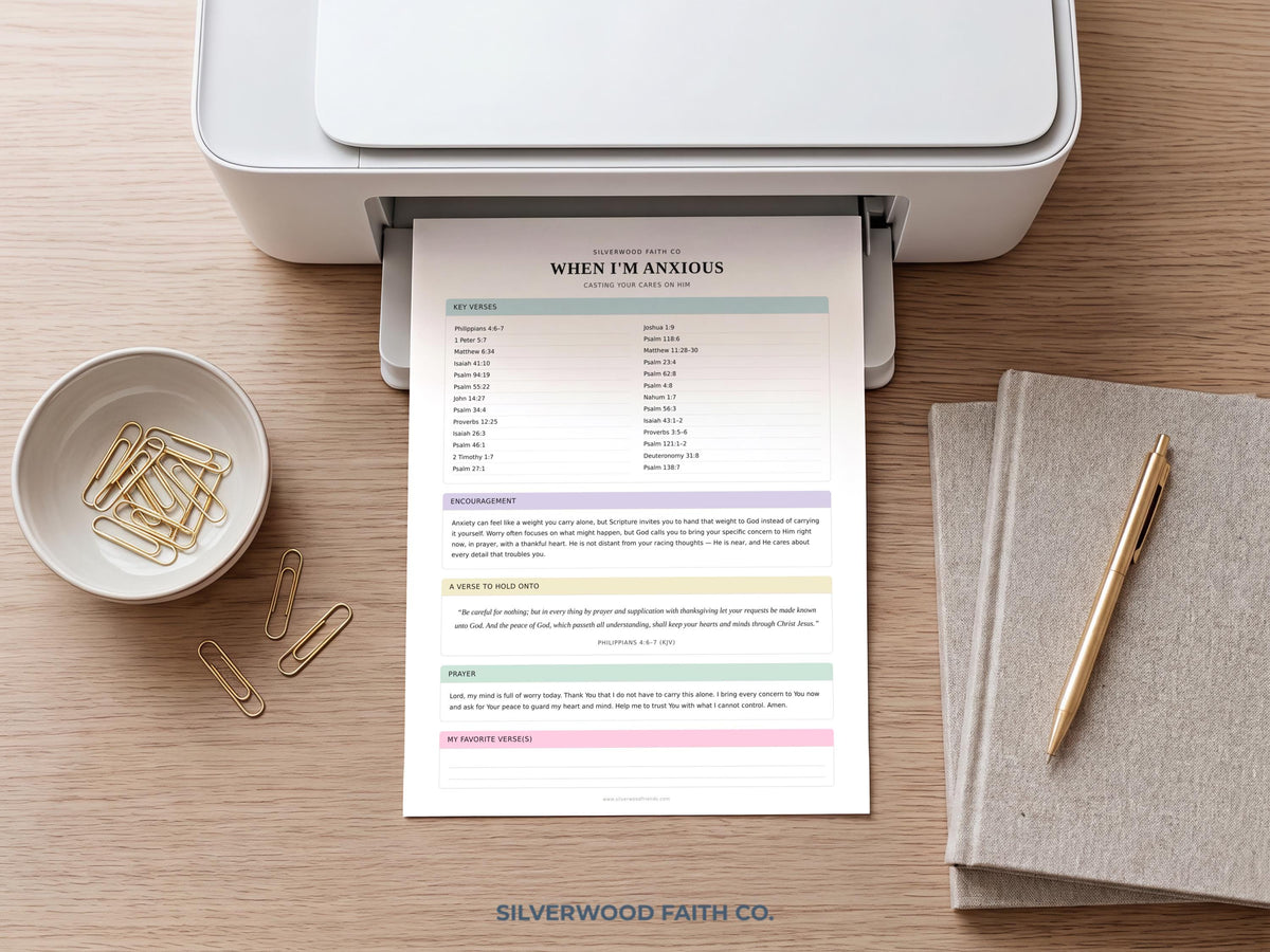 Anxiety scripture printable art for bedroom — organized faith-based design with sage green and lavender section dividers