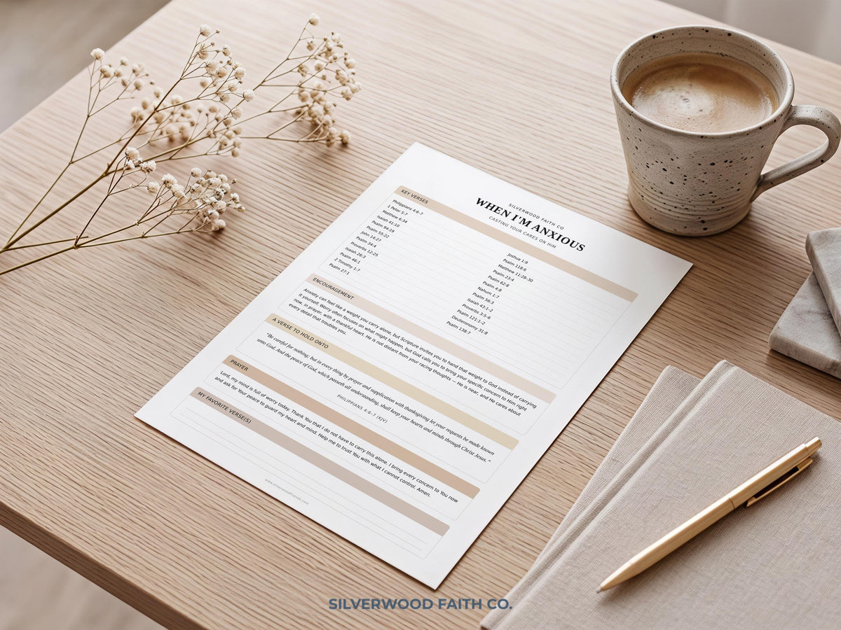 Anxiety management scripture poster for wellness space — peaceful faith-based study template with structured note-taking layout