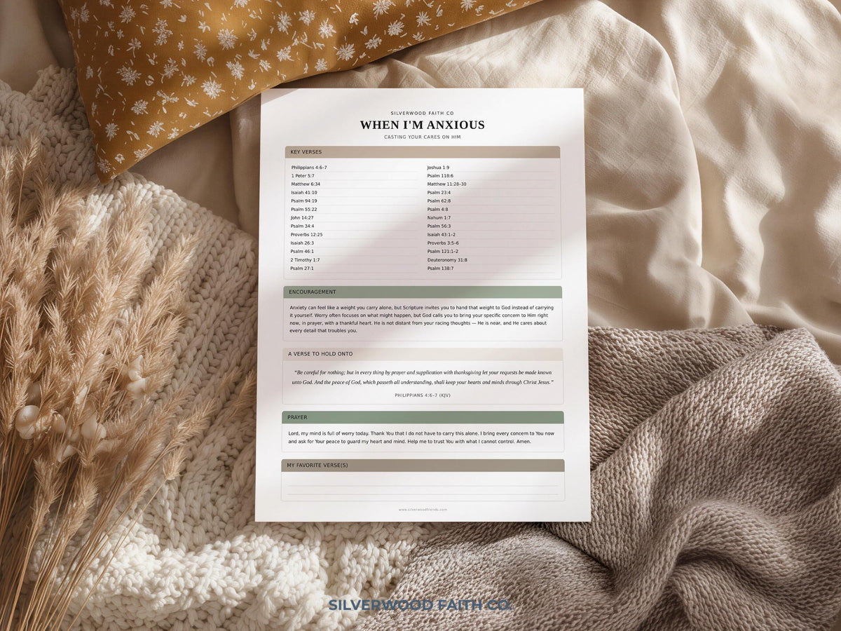 Bible study worksheet wall decor — calming organized template with reflection questions and Christian prayer space