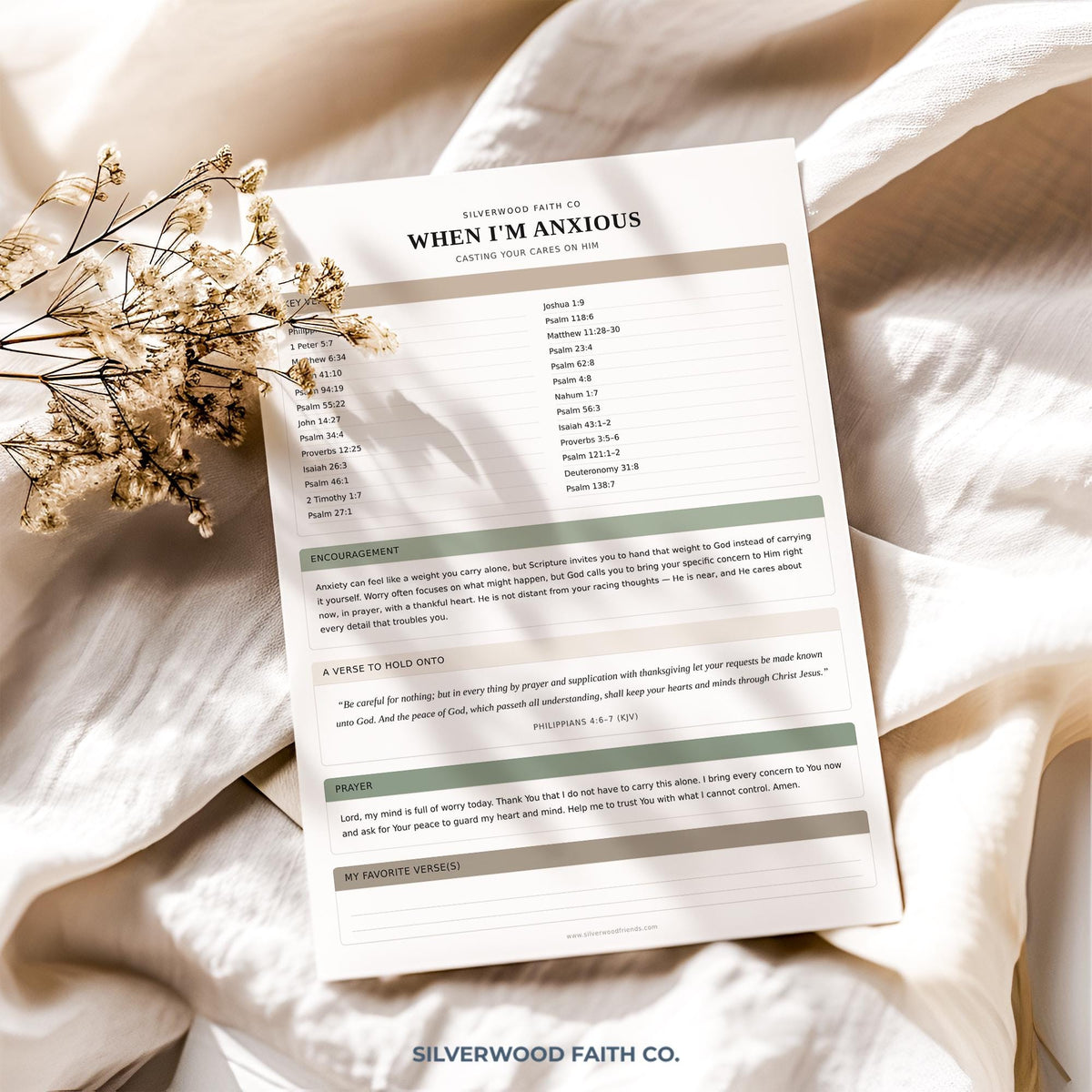 Spiritual wellness worksheet poster featuring calming Bible verses — structured reflection template for scripture cards