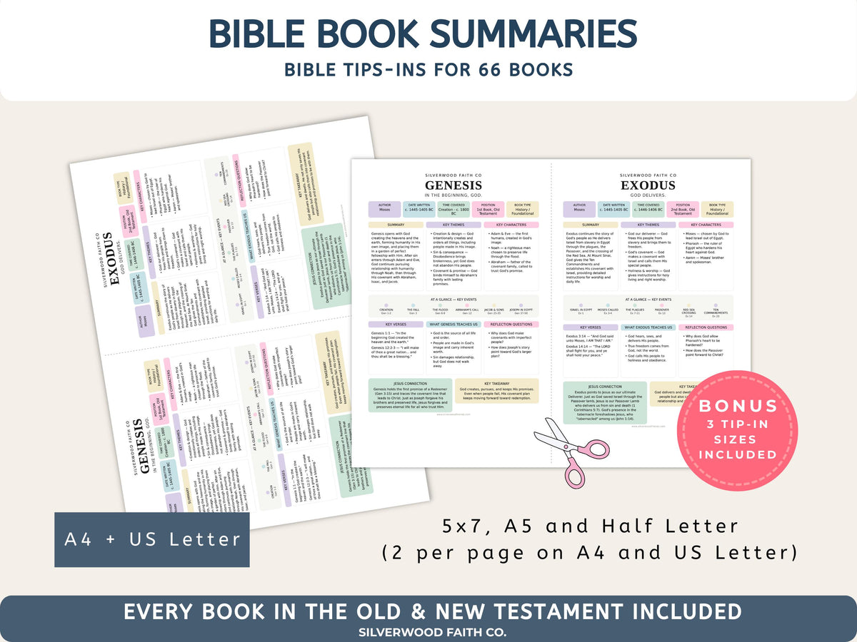 Bible Study Inserts: Tips Ins All 66 Books, Bible Study Guide, Bible Book Summaries, Printable PDF, PASTEL (Digital Download) 512