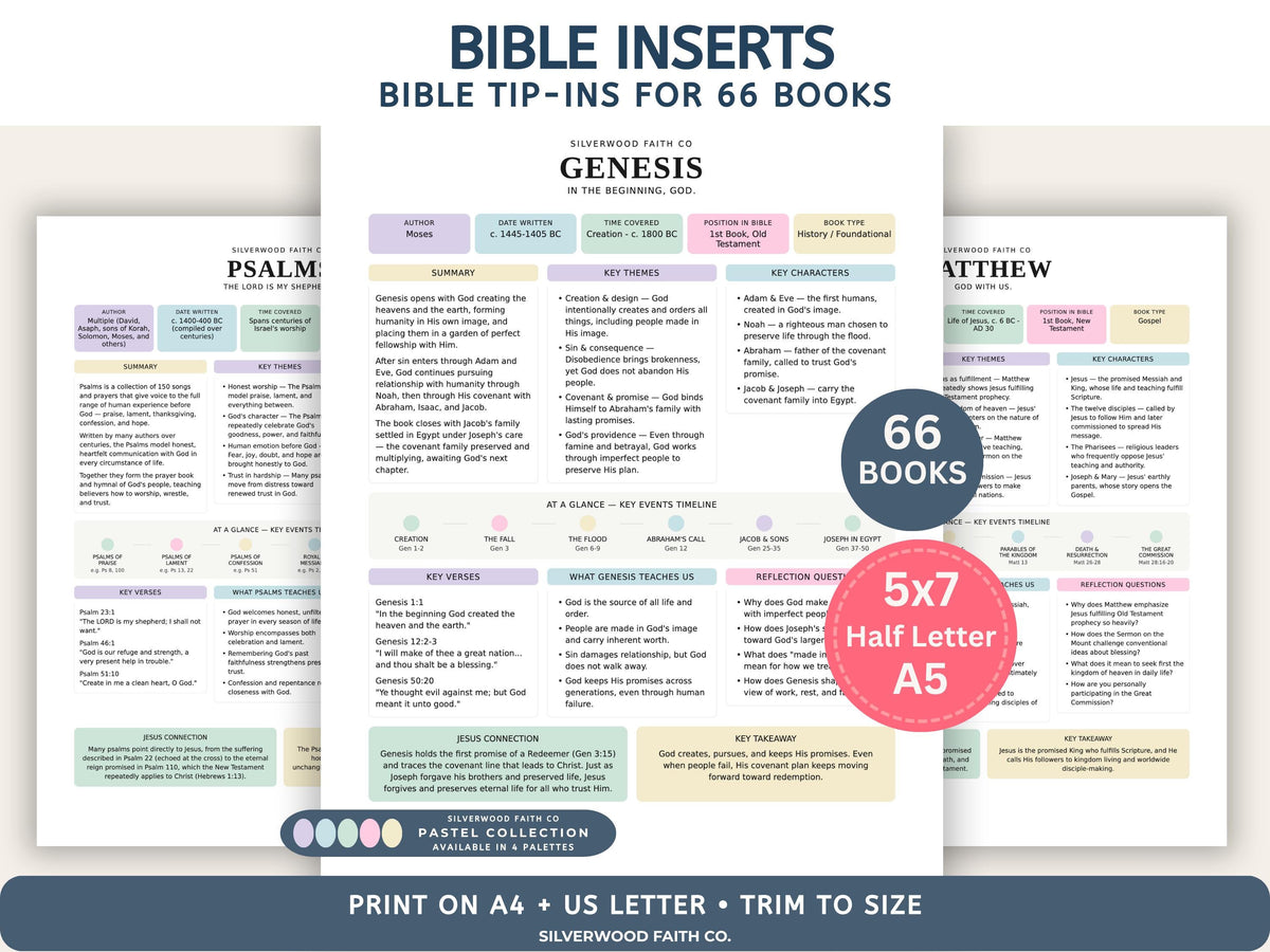 Bible Study Inserts: Tips Ins All 66 Books, Bible Study Guide, Bible Book Summaries, Printable PDF, PASTEL (Digital Download) 512