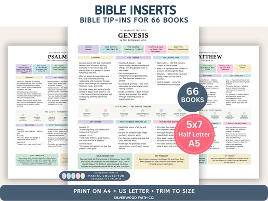 Bible Study Inserts: Tips Ins All 66 Books, Bible Study Guide, Bible Book Summaries, Printable PDF, PASTEL (Digital Download) 512