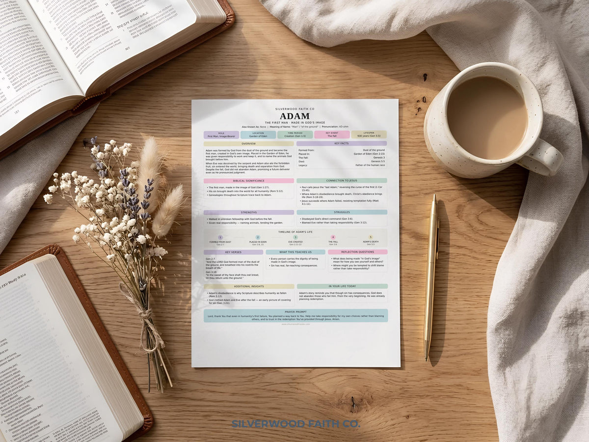Adam profile instant download printable art for women's Bible study — organized faith worksheet with soft hues and clean typography