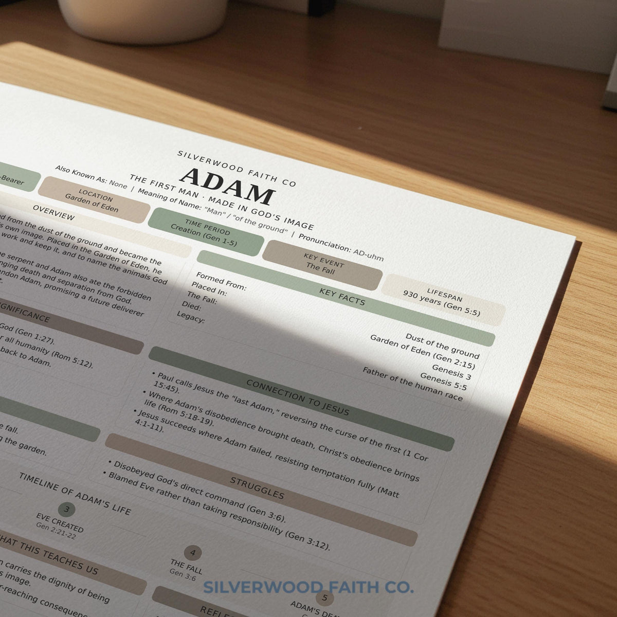 Scripture character profile poster instant download — Adam biography with structured facts, family tree, and spiritual lessons in gentle neutrals