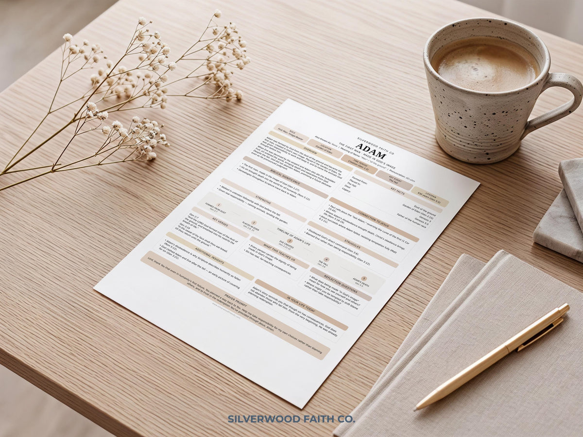 Religious reference sheet wall art printable for women's group — neutral farmhouse style with structured Bible character information and tables