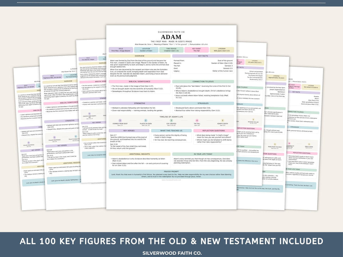 Bible Character Study: Summaries for 100 Biblical Figures, PDF Printable, PASTEL (Digital Download) 517