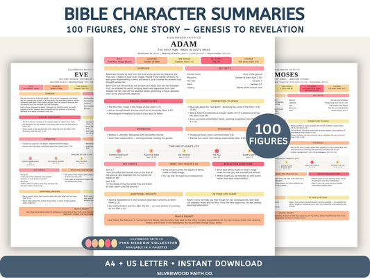 Bible Character Study: Summaries for 100 Biblical Figures, PDF Printable, PINK MEADOW (Digital Download) 518