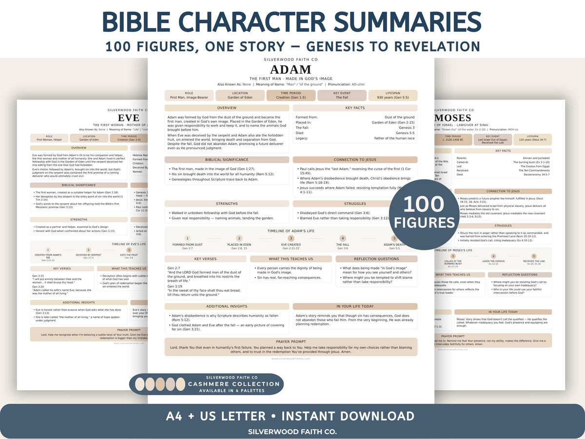Bible Character Study: Summaries for 100 Biblical Figures, PDF Printable, CASHMERE (Digital Download) 516