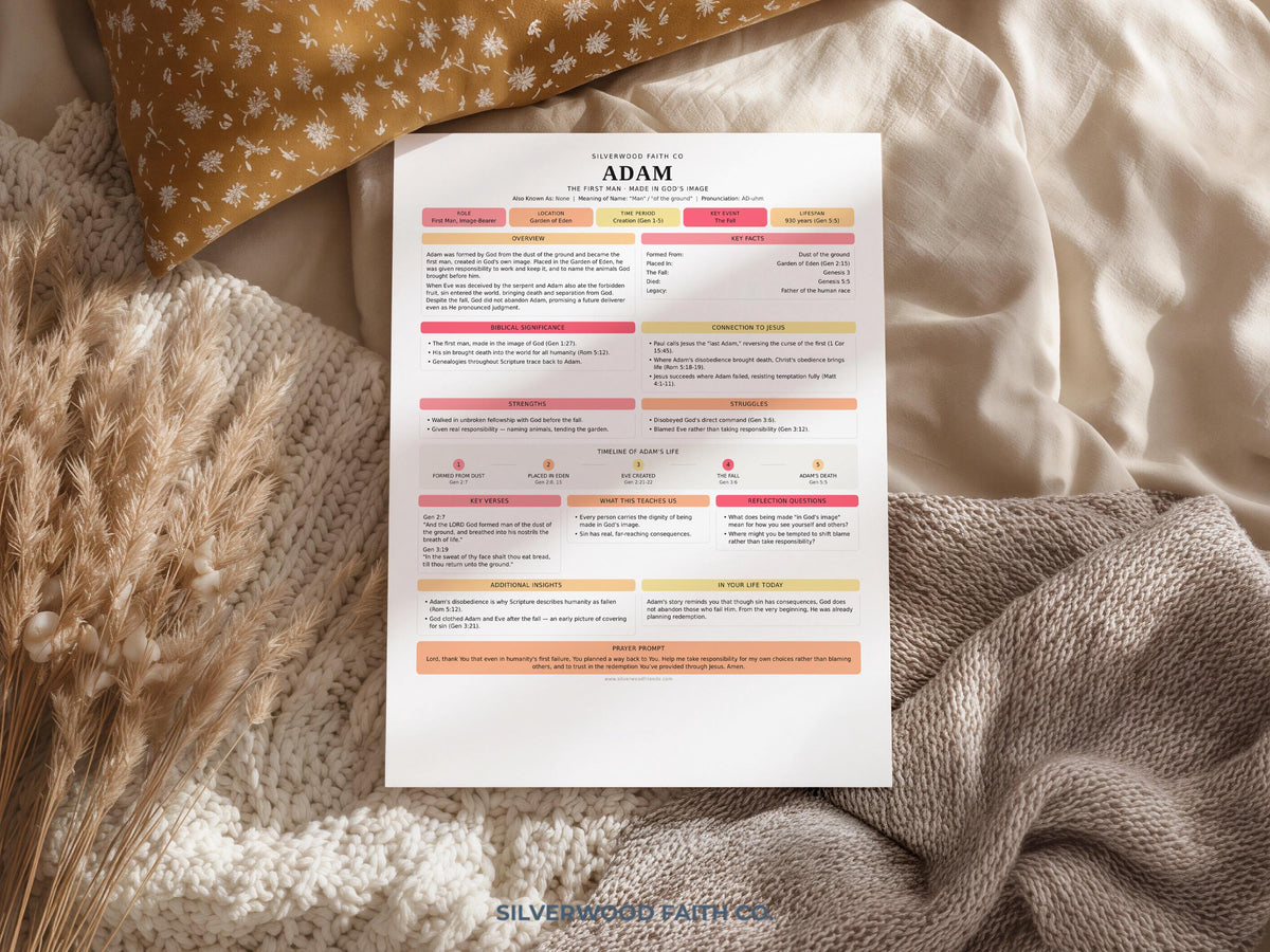 Faith-based wall decor featuring Adam's timeline and key events in gentle feminine design with cozy aesthetic