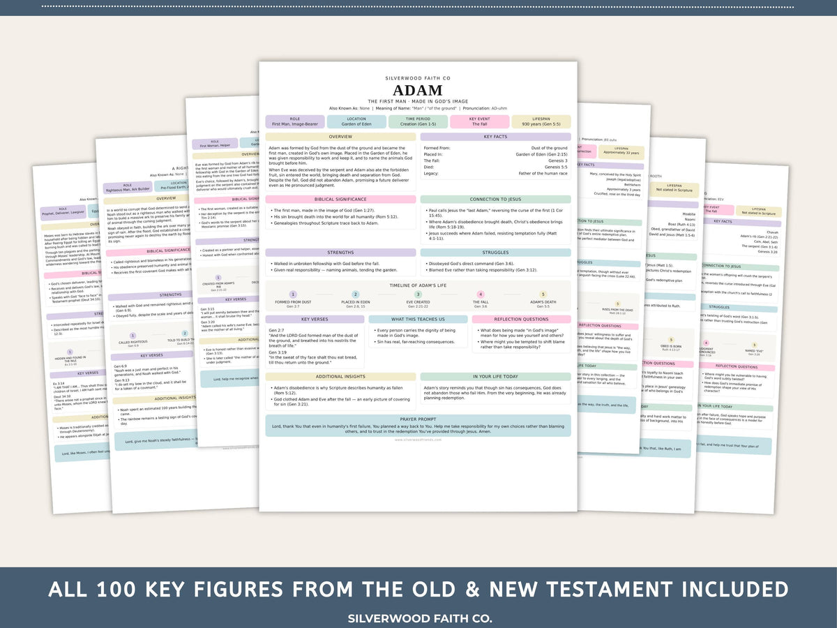 Bible Character Study Inserts: Tip Ins Summaries for 100 Biblical Figures, PDF Printable, PASTEL (Digital Download) 517