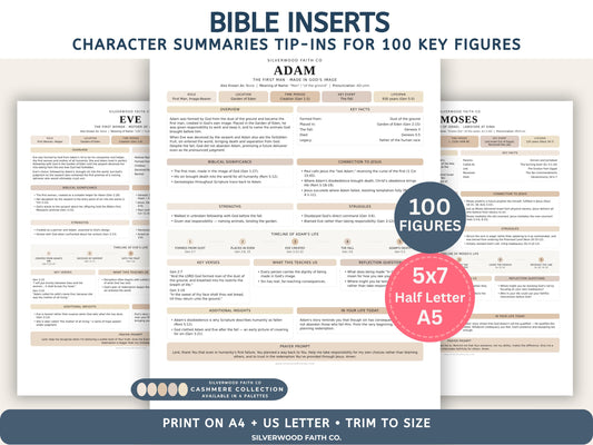 Bible Character Study Inserts: Tip Ins Summaries for 100 Biblical Figures, PDF Printable, CASHMERE (Digital Download) 516