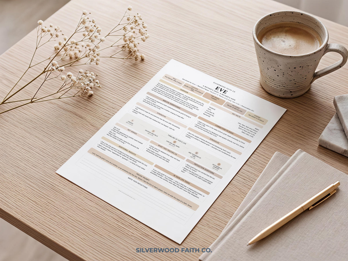 Eve Bible journaling printable artwork for study nook — clean formatted sheet with character traits and timeline organization