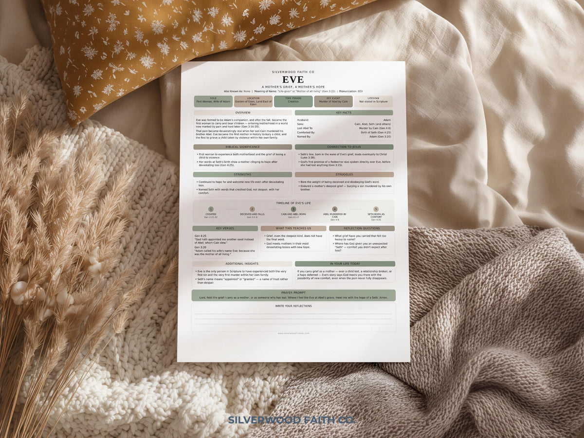 Women of the Bible study guide digital print — cozy feminine layout with sage accents and structured sections for scripture exploration