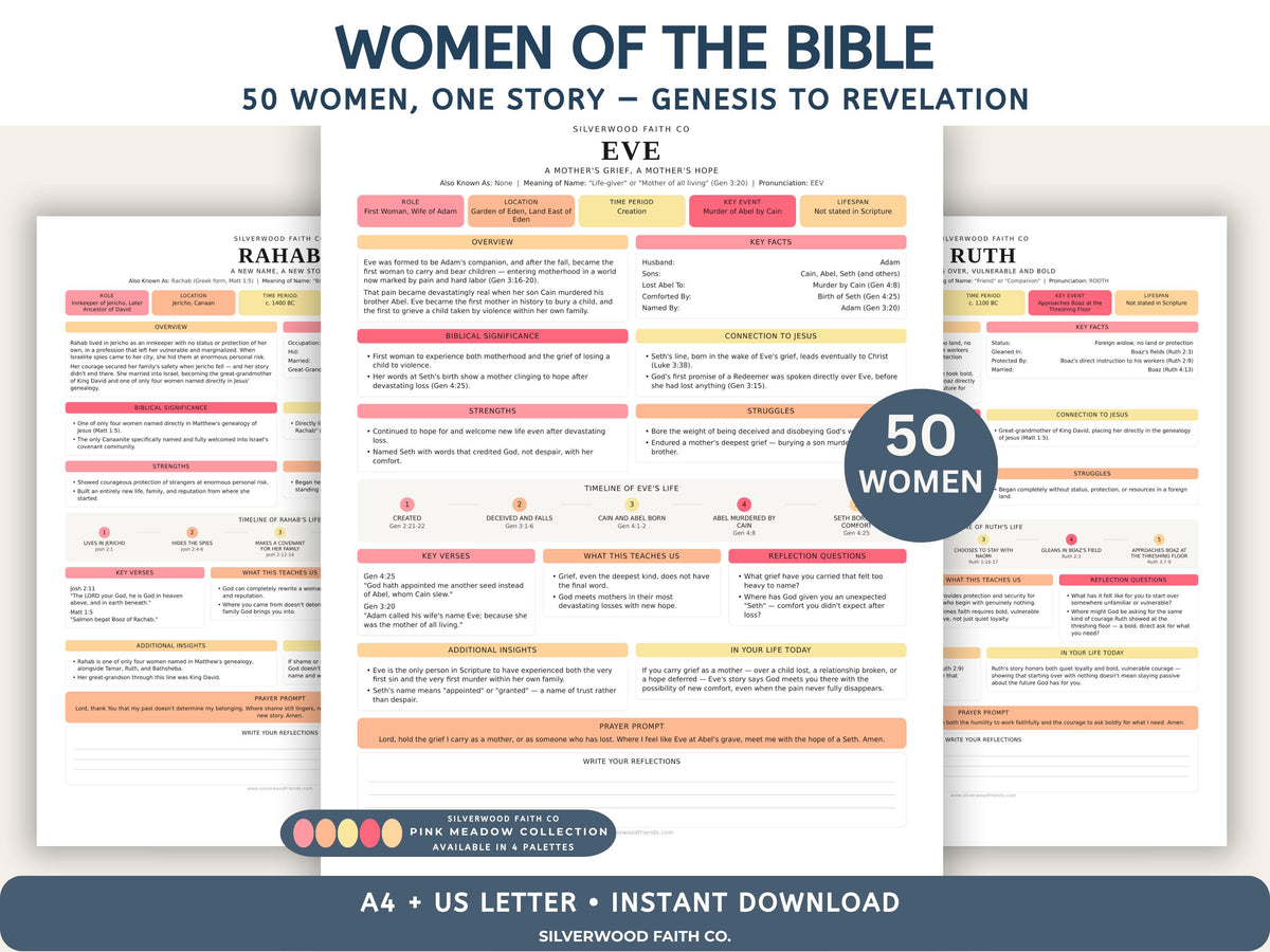 50 Women of the Bible Character Summaries Bundle, Women of the Bible Study Guide, Printable PDF, PINK MEADOW (Digital Download) 523