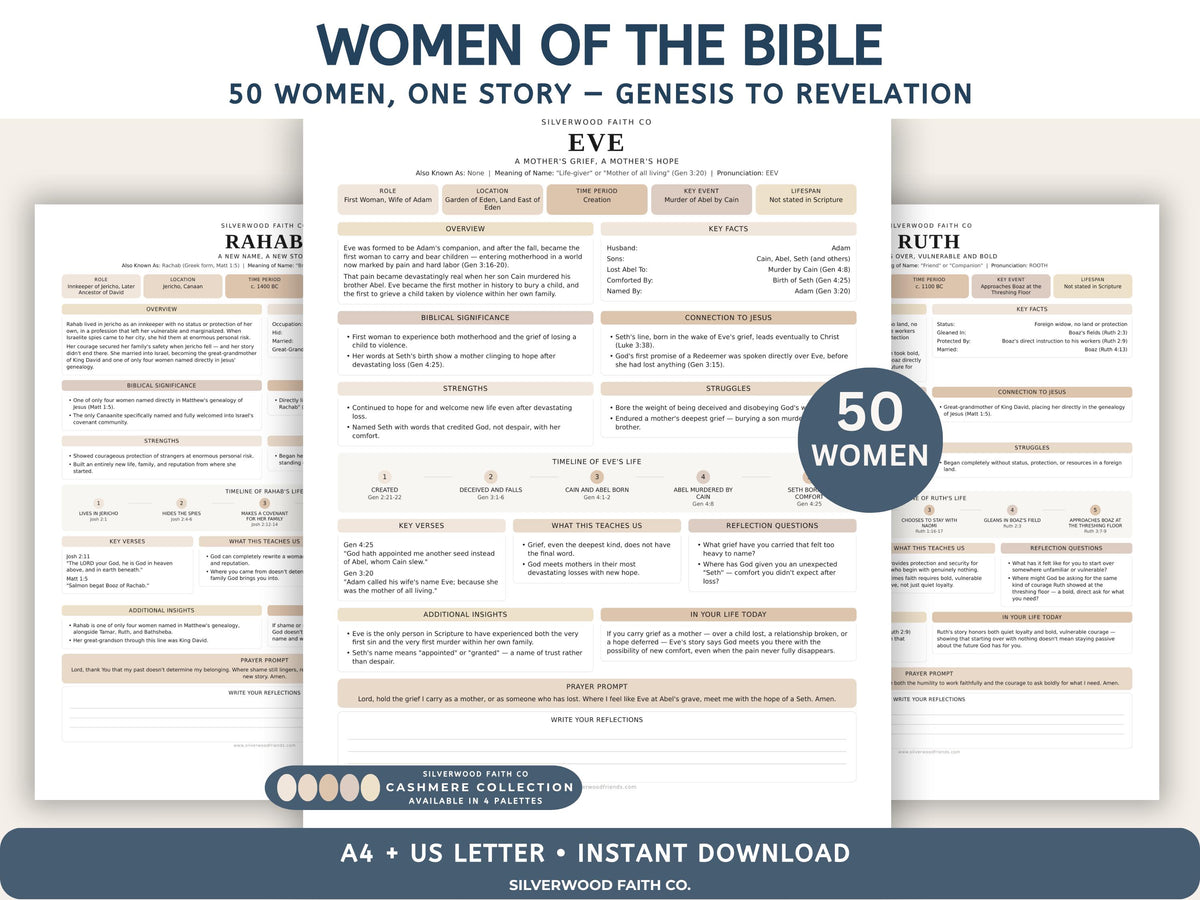50 Women of the Bible Character Summaries Bundle, Women of the Bible Study Guide, Printable PDF, CASHMERE FIELDS (Digital Download) 522