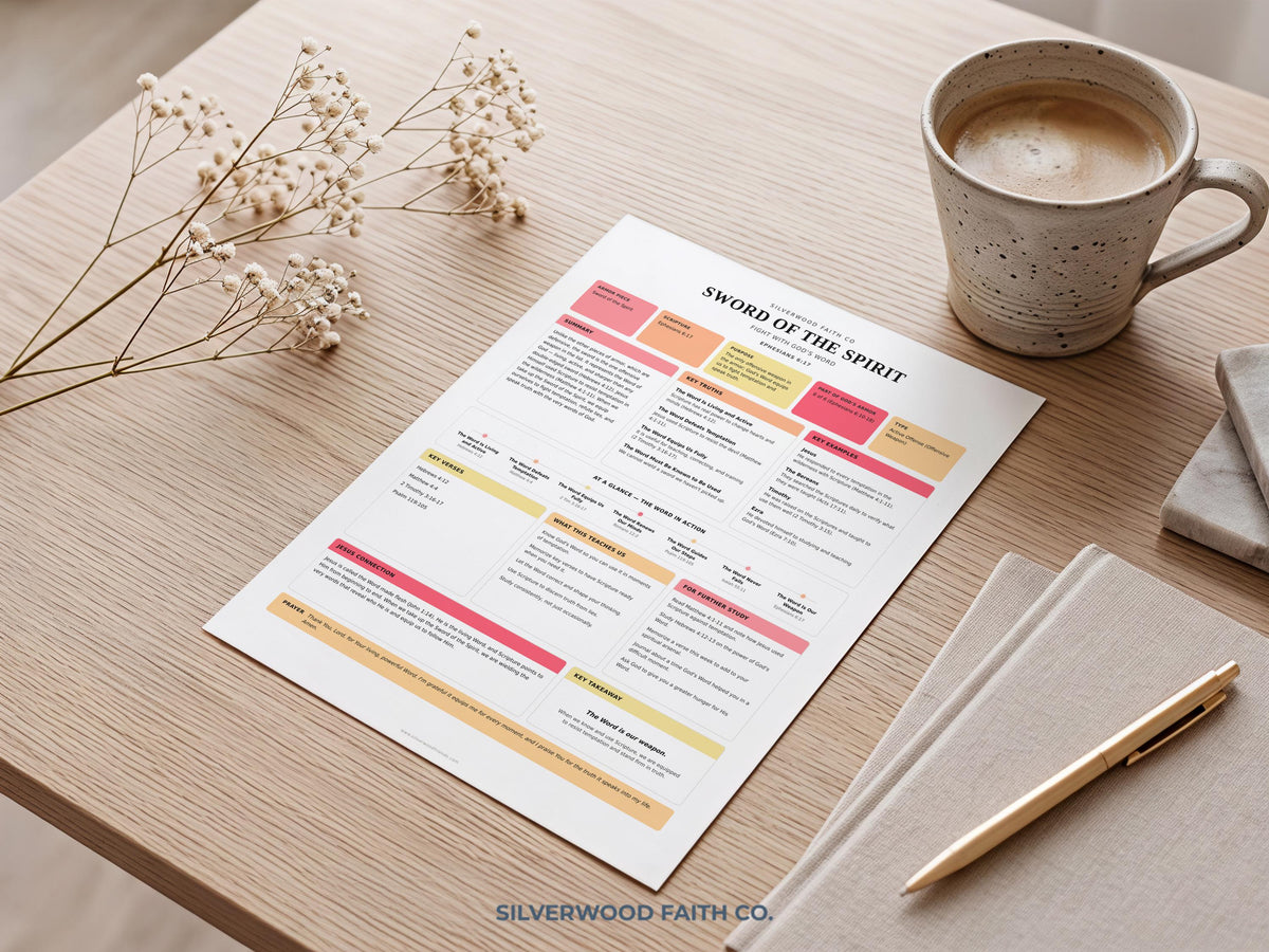 Sword of the Spirit scripture study worksheet printable art for Bible study — faith-based digital download with color-coded sections
