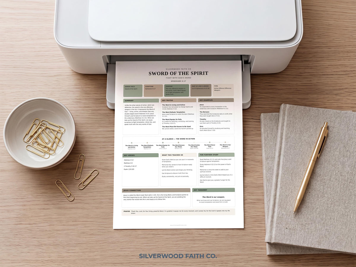 Sword of the Spirit Bible study worksheet printable art — sage green scripture guide with organized sections for faith-based learning