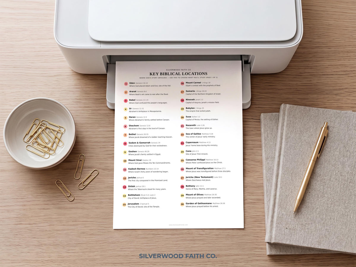 Holy places Bible study poster — clean minimalist printable featuring organized location references with verse citations