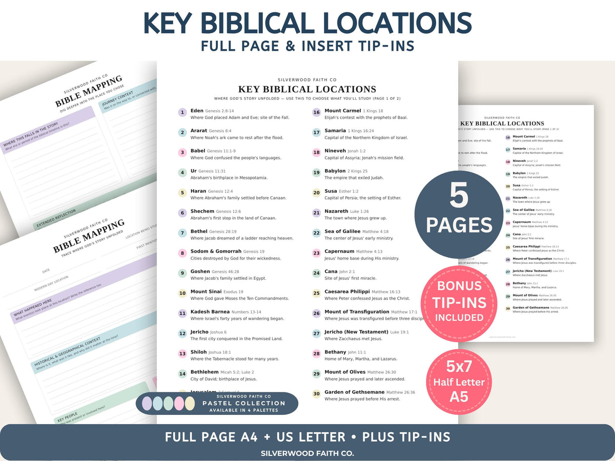 Bible Mapping Printable Study Guide, Biblical Map Location Reference Worksheets, Bible Map Printable PDF, PASTEL (Digital Download)