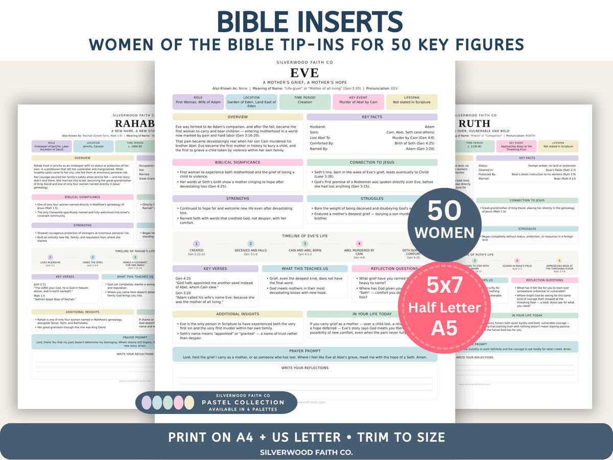 Women of the Bible Study Guide Inserts, 50 Women Bible Character Study Journal Tip Ins, Printable PDF, PASTEL (Digital Download) 521