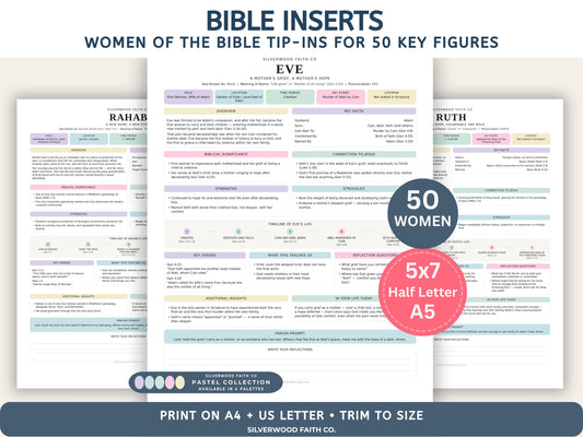 Women of the Bible Study Guide Inserts, 50 Women Bible Character Study Journal Tip Ins, Printable PDF, PASTEL (Digital Download) 521