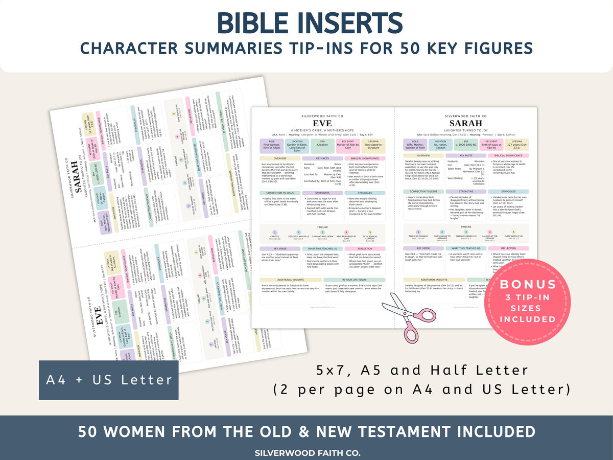 Women of the Bible Study Guide Inserts, 50 Women Bible Character Study Journal Tip Ins, Printable PDF, PASTEL (Digital Download) 521