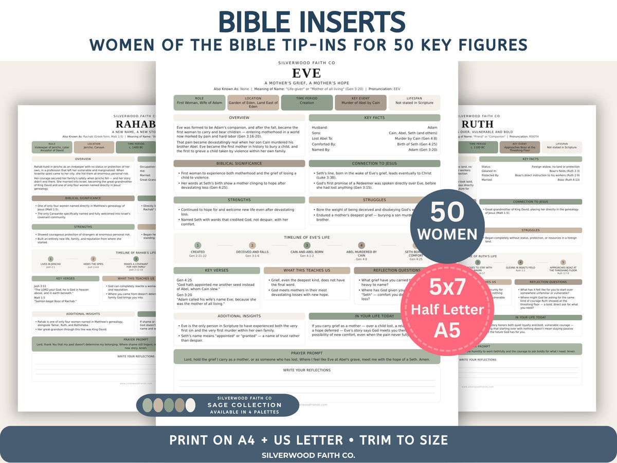 50 Women of the Bible Character Summary Inserts, Women of the Bible Tip Ins, Printable PDF, SAGE BOTANICAL (Digital Download) 520
