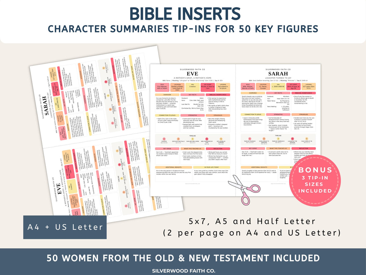 50 Women of the Bible Character Summary Inserts, Women of the Bible Tips Ins, Printable PDF, PINK MEADOW (Digital Download) 523