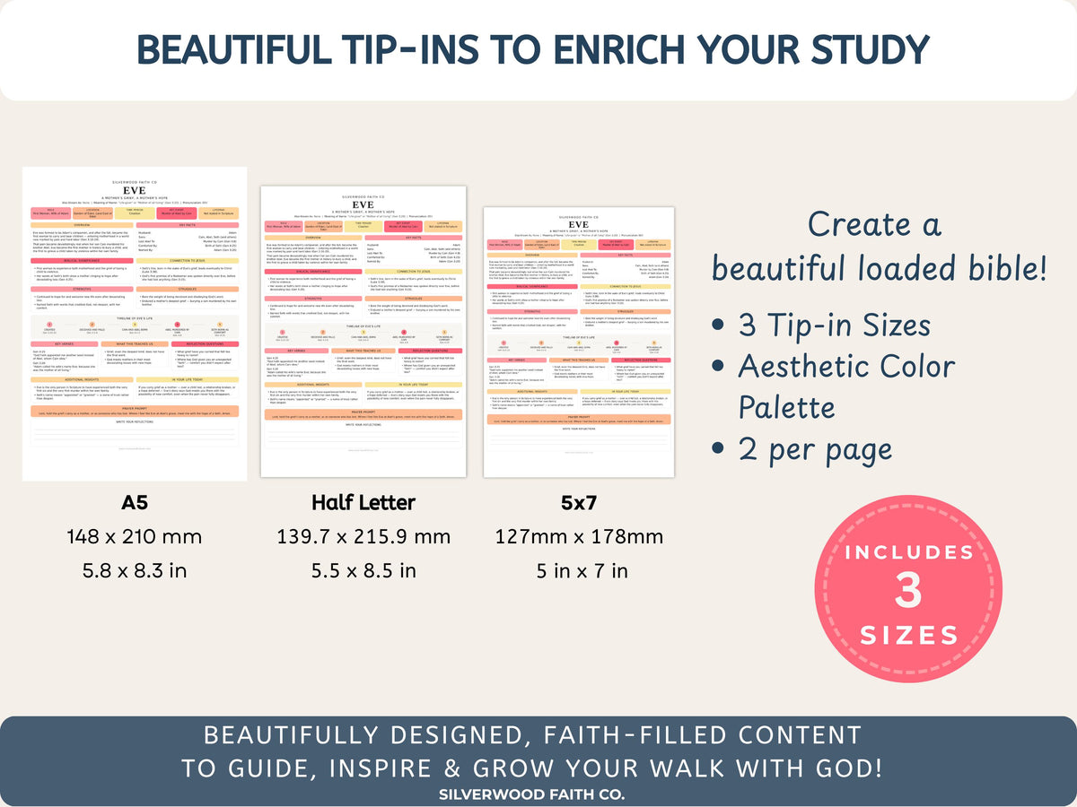 50 Women of the Bible Character Summary Inserts, Women of the Bible Tips Ins, Printable PDF, PINK MEADOW (Digital Download) 523