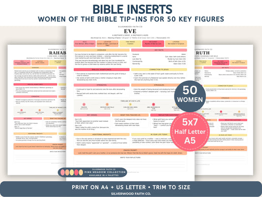 50 Women of the Bible Character Summary Inserts, Women of the Bible Tips Ins, Printable PDF, PINK MEADOW (Digital Download) 523