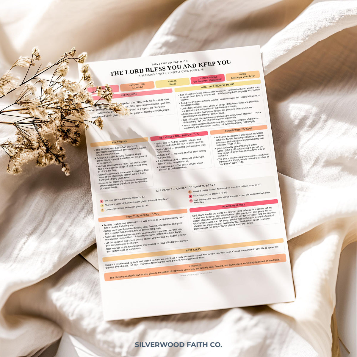 Bible devotional poster featuring blessed promises — faith-based worksheet design with warm neutral tones and structured study prompts
