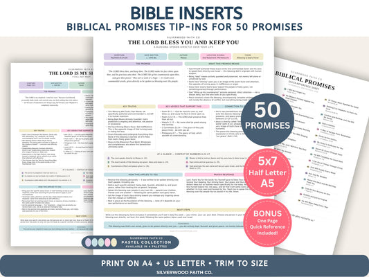 Bible Inserts Biblical Promises Summaries: 50 Promises that God Makes and Keeps, Gods Promises Bible Tip Ins, PASTEL (Digital Download) 525