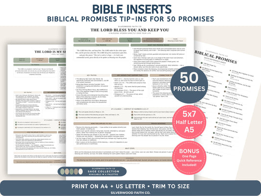 Bible Inserts Biblical Promises Summaries: 50 Promises that God Makes and Keeps, Bible Journal Tip Ins, SAGE BOTANICAL(Digital Download) 527