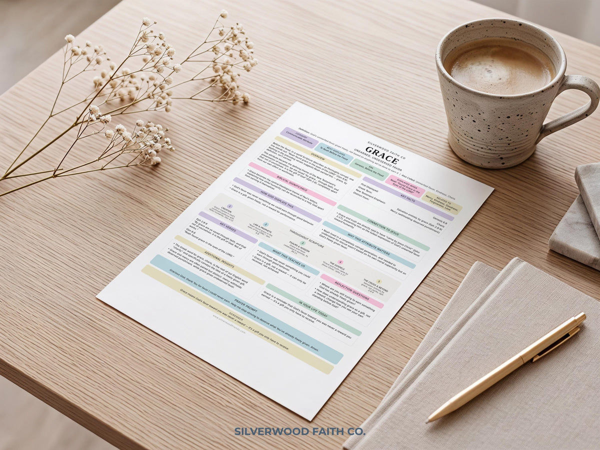Grace scripture study printable art for Bible journaling — organized infographic with pastel lavender, blush, and sage headers