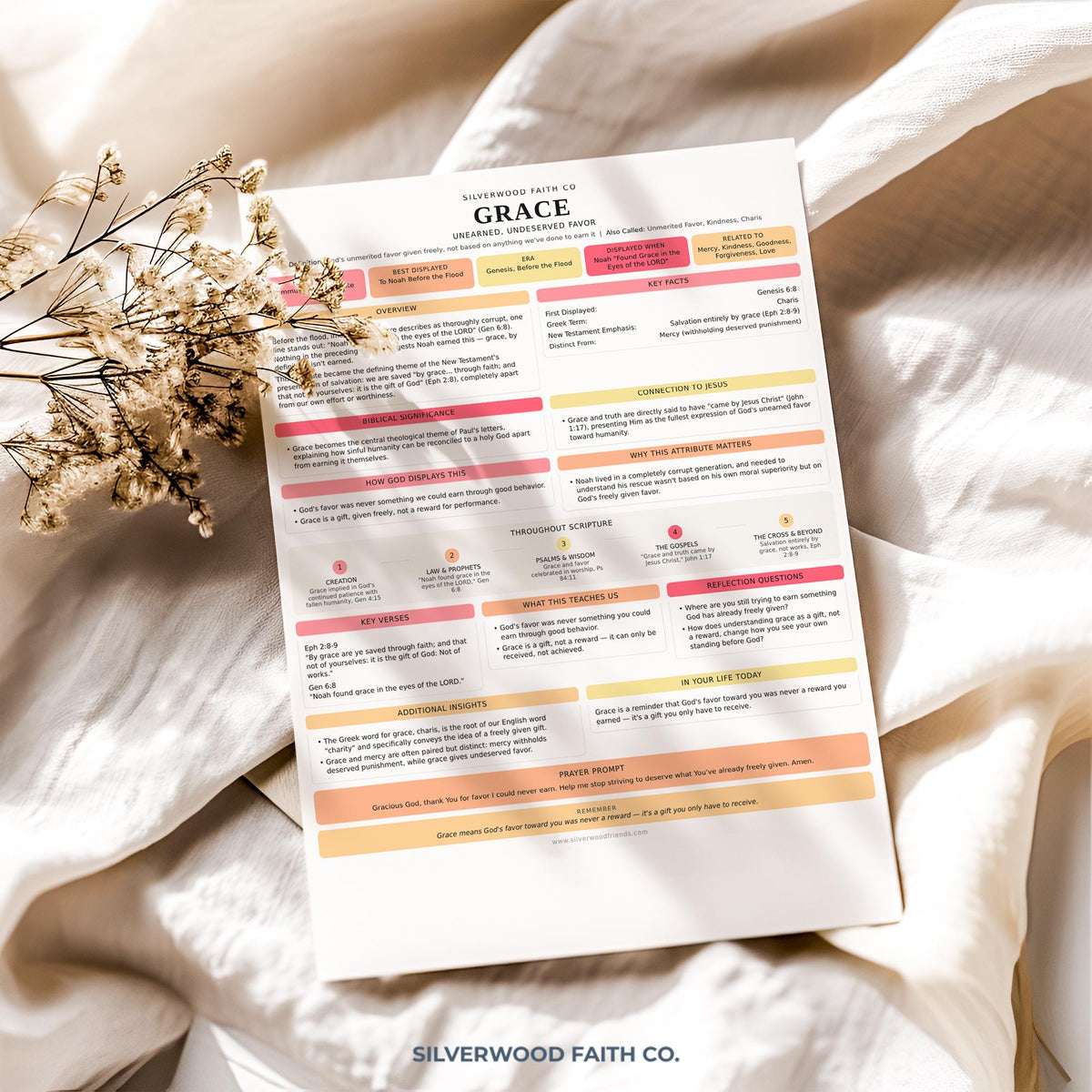 Grace Bible study worksheet printable art for faith-based learning — soft pink and coral infographic design
