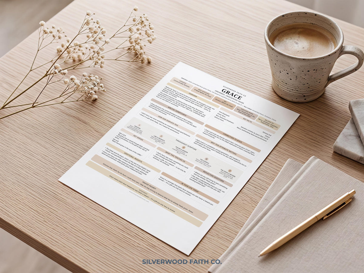 Grace devotional guide instant download poster — cozy scriptural worksheet in cream tones with dried floral styling and journaling aesthetic
