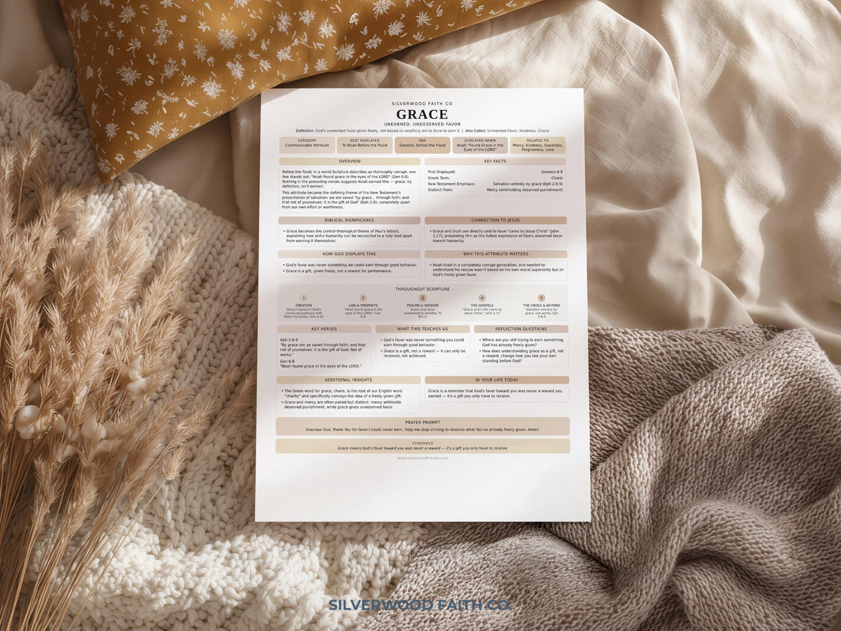 Attributes of God study page digital art for believers — calming scripture worksheet in beige neutrals with reflection prompts and guided learning spaces