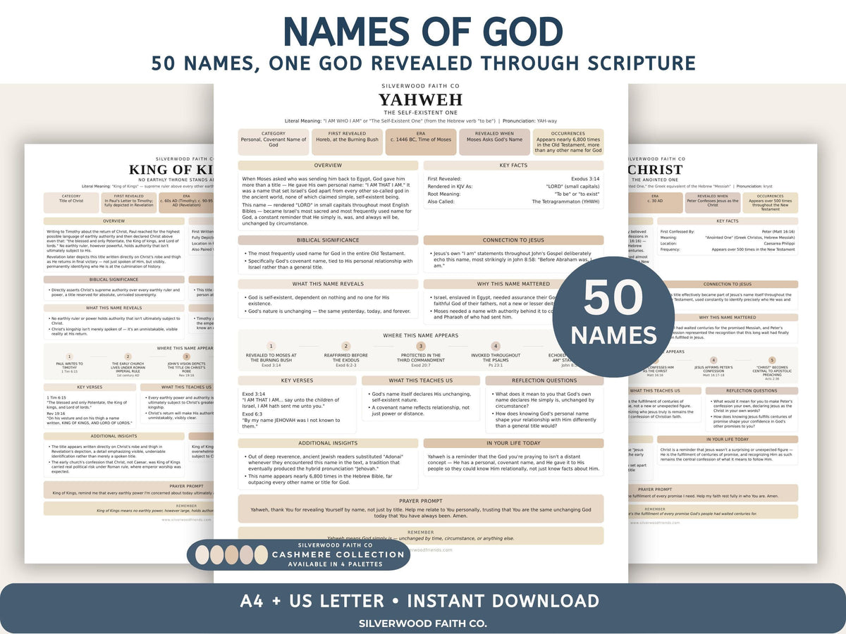 50 Names of God Bible Study Guide, 50 Summaries on God's Name in the Bible, Printable Scripture Worksheet, CASHMERE (Digital Download) 536