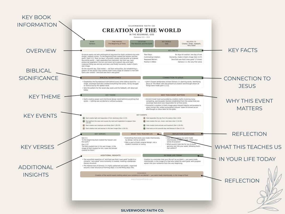 Bible study chart digital print featuring structured Genesis breakdown — soft cream and neutral tones for devotional space