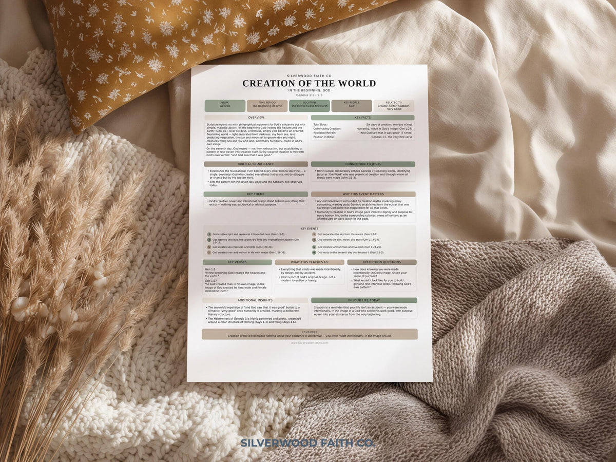 Genesis creation account printable guide for Bible study group — clean layout with soft neutral dividers and summary sections