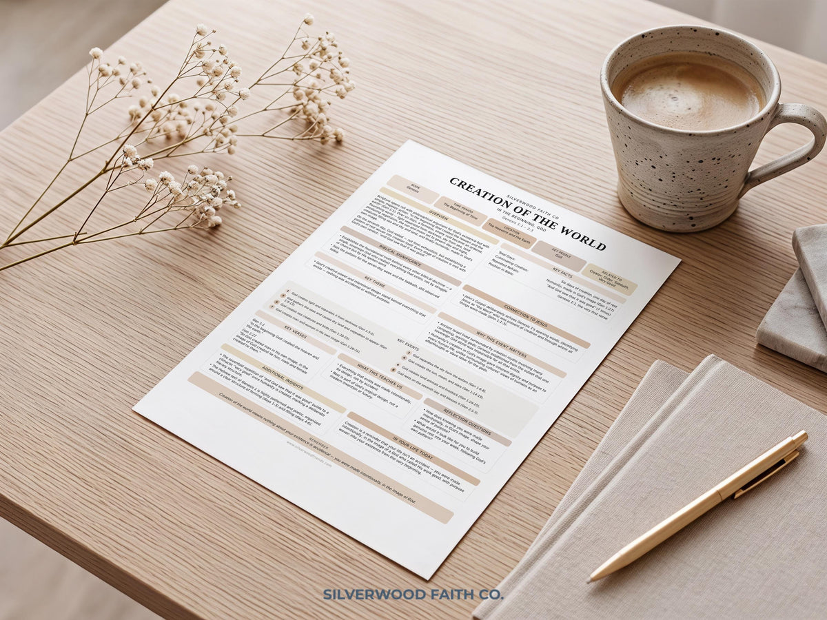 Days of creation educational poster print for Bible study groups — neutral color blocking with summary points and key themes highlighted