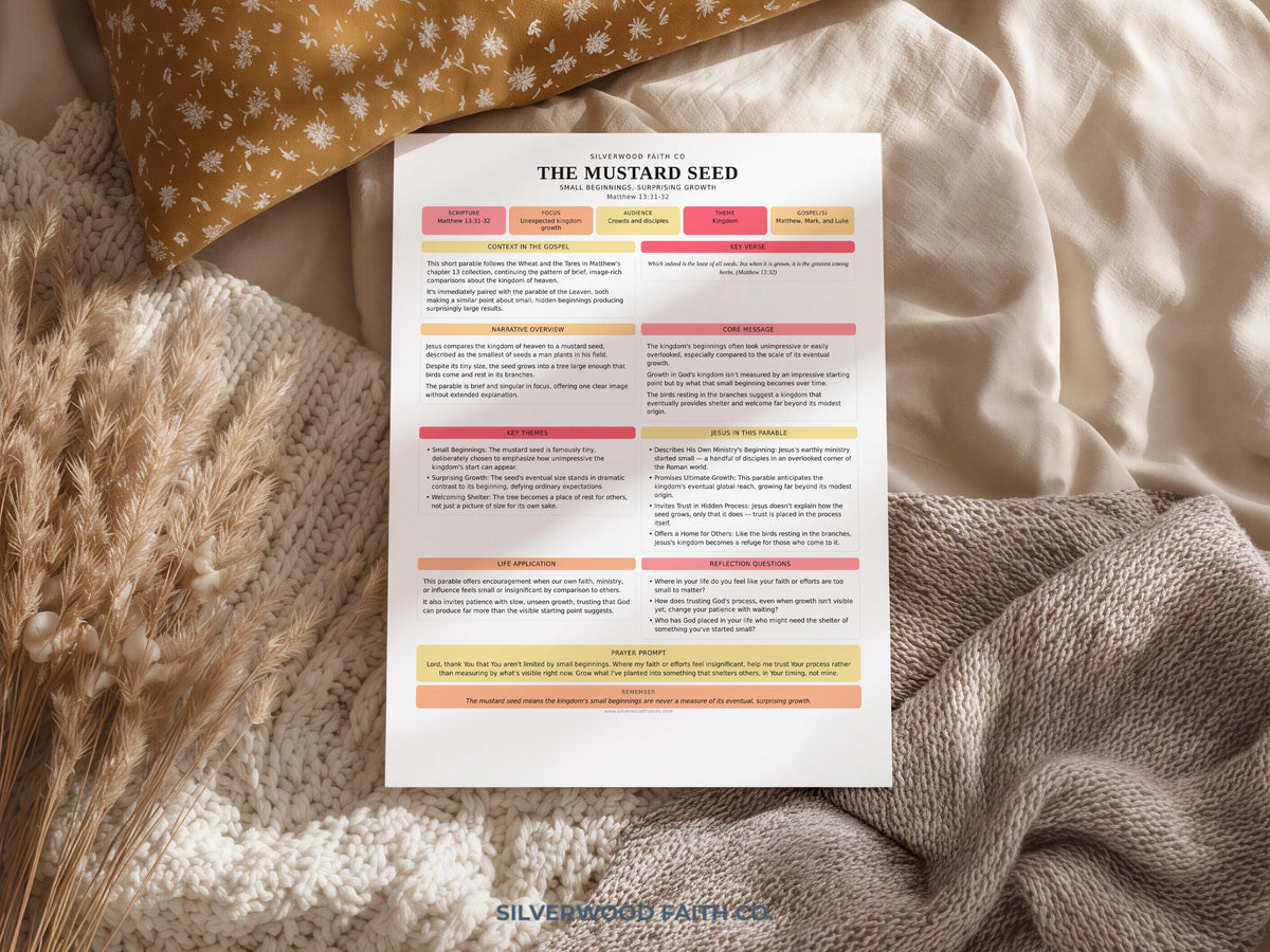 Bible journaling printable featuring structured parable exploration in soft feminine colors and minimalist organized layout
