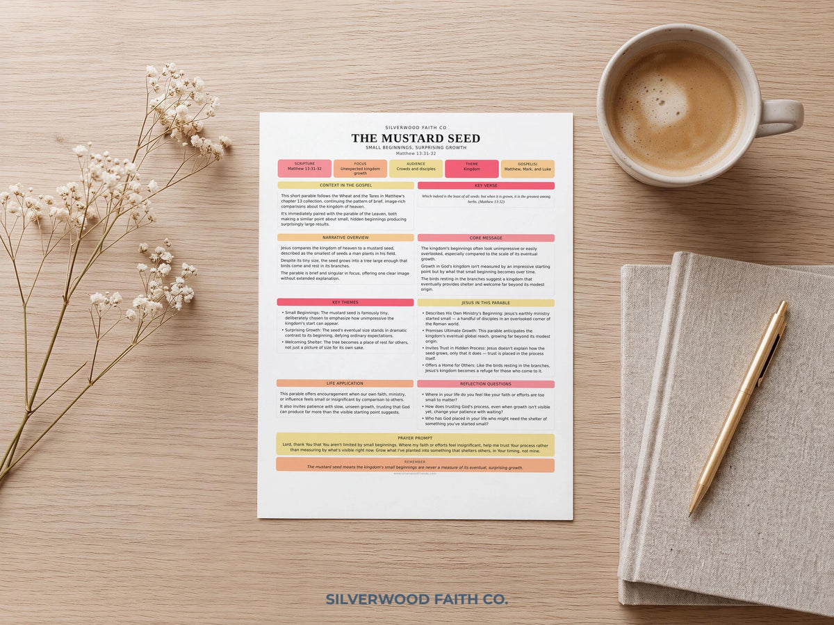 Scripture worksheet picture for study nook — organized biblical parable content in soft pastels with modern, accessible layout