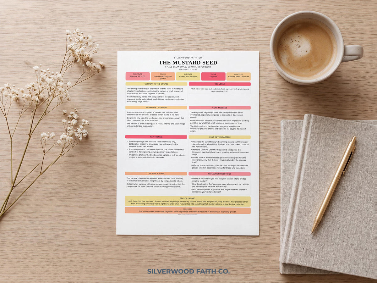 Scripture worksheet picture for study nook — organized biblical parable content in soft pastels with modern, accessible layout