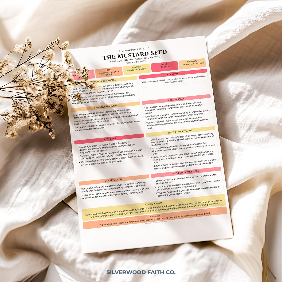 Scripture study guide poster for home office — feminine cottagecore aesthetic with color-coded lesson blocks and reflective mood